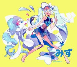  2girls aqua_hair ball barefoot beachball commentary english_commentary eyelashes furry furry_female gem hatsune_miku highres long_hair mermaid monster_girl multiple_girls official_alternate_skin_color pearl_(gemstone) pokemon primarina project_voltage scalllions standing tail tan twintails v very_long_hair visor_cap vocaloid water_miku_(project_voltage) 