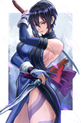  akito1218 bare_shoulders black_hair blue_eyes blue_gloves breasts dual_wielding elbow_gloves female gloves heterochromia highres holding holding_sword holding_weapon japanese_clothes looking_at_viewer ninja partially_fingerless_gloves red_eyes samurai_spirits shiki_(samurai_spirits) short_hair short_sword solo sword tattoo weapon 