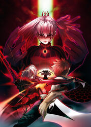  1boy 3girls armor armored_dress artoria_pendragon_(fate) battle belt black_hole bleeding blonde_hair blood clenched_teeth commentary_request corruption dark_persona dark_sakura dress dual_wielding emiya_shirou energy excalibur_morgan_(fate) fate/stay_night fate_(series) fingernails floating_hair fuzuki_yoshihiro glowing glowing_eyes great_grail heaven&#039;s_feel highres holding honeycomb_(pattern) kanshou_&amp;_bakuya_(fate) long_hair magic matou_sakura multiple_girls orange_hair saber_alter sky striped sword teeth tohsaka_rin turtleneck vertical_stripes very_long_hair weapon white_hair yellow_eyes yin_yang 