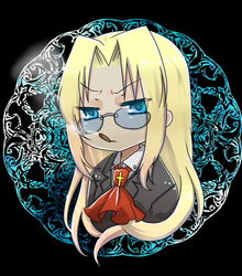  bad_id bad_pixiv_id blonde_hair blue_eyes chibi cigar commentary_request female glasses hellsing integra_hellsing kamehima smoking solo 