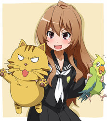  aisaka_taiga animal bird black_serafuku black_skirt blush brown_eyes brown_hair female flat_chest inko long_hair open_mouth palmtop_tiger parrot school_uniform serafuku skirt solo tiger toradora! youkan 