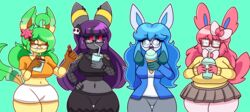  2024 absurd_res annyglaceon_(mintyspirit) anthro beverage big_breasts black_eyes blue_hair blue_sclera bottomwear breasts brown_sclera candy chocolate clothing dessert digital_media_(artwork) eating eeveelution eyewear female food generation_2_pokemon generation_4_pokemon generation_6_pokemon glaceon glasses gracidea gracidea_flower green_hair group hair happy hi_res holding_candy holding_chocolate holding_food holding_ice_cream holding_milkshake holding_object holding_soda ice_cream javisylveon_(mintyspirit) leafeon luneiumbreon_(mintyspirit) milkshake mint_chocolate mintyspirit nerd nintendo pink_hair pokemon pokemon_(species) purple_hair red_sclera skirt slightly_chubby smile soda sunnyleafeon_(mintyspirit) sweater sylveon thick_thighs topwear twintails umbreon white_eyes wide_hips 