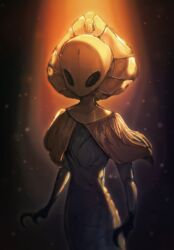  2023 anthro arthropod black_eyes black_hands claws clothed clothing digital_media_(artwork) dim_lighting female godseeker_(hollow_knight) gold_clothing gold_mask grey_body hi_res hollow_knight ivadonis looking_at_viewer mask particles portrait solo standing team_cherry warm_lighting 