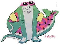  :3 anthro big_man_(splatoon) bodily_fluids eyewear eyewear_on_head fanning fanning_self fish male manta_ray marine nintendo ray_(fish) saba_subdup solo splatoon stingray sunglasses sunglasses_on_head sweat watermelon_pattern 