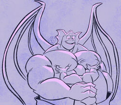  anthro blue_body broadway_(gargoyles) chest_grab disney duo gargoyle gargoyles head_between_breasts head_on_belly hi_res humanoid jasperthecrab male membrane_(anatomy) membranous_wings monochrome overweight wings 