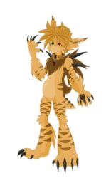  anthro bell bell_collar blonde_hair brown_body brown_fur claws collar deishun_(species) fan_character female fluffy fluffy_chest fur green_eyes hair heartless_symbol heterochromia monster notched_ear paws red_eyes saikus_(zarjhan_mary) solo spines tail tail_down yellow_body yellow_fur zarjhan_mary 