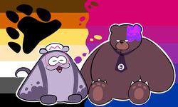  :3 anthro bear_pride_colors big_man_(splatoon) bisexual_pride_colors brown_body brown_fur chibi claws clothing duo f1dchaos fish fur grey_body hat headgear headwear hi_res lgbt_pride male male/male manta_ray marine mr._grizz necktie nintendo pawpads pride_colors ray_(fish) sitting splatoon stingray 