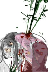  bamboo black_hair blood blood_on_clothes blood_on_face blood_on_hands fujiwara_no_mokou grabbing_another&#039;s_hand highres hime_cut houraisan_kaguya hug hug_from_behind impaled japanese_clothes leaning_forward long_hair long_sleeves pants pink_shirt red_pants red_skirt sesmkun shirt sidelocks simple_background skirt sweat touhou very_long_hair white_background white_hair white_shirt 