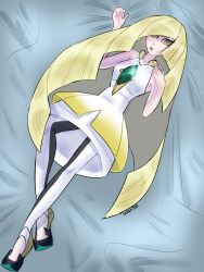  2022 bed bedroom blonde_hair clothed clothing crossed_legs diamond_(gem) diamonds_(suit) digital_media_(artwork) dress embarrassed female footwear furniture gem green_eyes hair hi_res high_heels human inventor_(artist) legs_together legwear lips long_hair looking_at_viewer lusamine_(pokemon) lying mammal nintendo on_bed open_mouth pokemon pokemon_(species) shoes simple_background solo suit_symbol white_body 