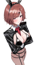  absurdres alternate_costume animal_ear_hairband animal_ears between_breasts bikini black_bikini black_jacket blush breasts brown_hair cleavage commentary cropped_jacket crossed_arms fake_animal_ears female hairband highres higuchi_madoka idolmaster idolmaster_shiny_colors jacket large_breasts looking_at_viewer mole mole_under_eye navel pantyhose pdal_(pdalhhh) rabbit_ear_hairband rabbit_ears short_hair simple_background solo stomach sweatdrop swimsuit white_background 