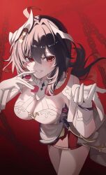  absurdres ahoge black_hair breasts chains cleavage collar commentary cowboy_shot dress female gloves hair_between_eyes hair_intakes hair_ornament hand_up highres honkai_(series) honkai_impact_3rd hyume_26 large_breasts light_blush looking_at_viewer multicolored_hair official_alternate_costume red_background red_eyes red_skirt seele_(alter_ego) seele_vollerei seele_vollerei_(on_fair_clouds) seele_vollerei_(starchasm_nyx) skirt smile solo streaked_hair white_collar white_dress white_gloves 