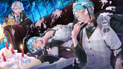  3boys azul_ashengrotto black_shirt brothers brown_eyes cake commentary_request couch eating floyd_leech food food_on_body grey_hair happy_birthday heterochromia highres icing indoors jade_leech lying male_focus mitsunari_miyako multiple_boys on_back one_eye_closed sharp_teeth shirt siblings sitting table teeth tongue tongue_out twins twisted_wonderland vest white_vest yellow_eyes 