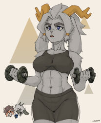  2024 abs anthro antlers arm_tuft athletic_wear blue_eyes bodily_fluids bottomwear bovid bra breasts caprine clothing collarbone dumbbell exercise eyebrows female foxero fur goat grey_body grey_fur grey_hair gym_bottomwear gym_shorts hair horn hybrid jackalope lagomorph mammal midriff muscular navel pseudoregalia shorts shoulder_tuft solo sports_bra sweat sybil_(pseudoregalia) tuft underwear weightlifting weights workout 