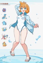  :d aqua_eyes arm_behind_head blue_jacket blush breasts collar commentary covered_navel female floatzel full_body highres jacket kasumi_(pokemon) lanturn lapras medium_breasts milotic one-piece_swimsuit open_clothes open_jacket orange_hair poke_ball poke_ball_(basic) pokemon pokemon_(creature) pokemon_hgss popped_collar quagsire sandals short_hair smile staryu swimsuit water white_one-piece_swimsuit yosame0a 