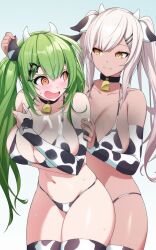  2girls @_@ alternate_costume alternate_hairstyle animal_ears animal_print bell bikini black_bikini black_thighhighs blue_background breasts cleavage closed_mouth collarbone cow_ears cow_print cow_print_bikini cow_print_thighhighs cowbell cowboy_shot dark-skinned_female dark_skin detached_sleeves english_commentary fake_animal_ears fake_horns girls&#039;_frontline green_hair hair_ornament hairpin highres horns large_breasts light_brown_hair light_smile looking_at_another m590_(girls&#039;_frontline) mk48_(girls&#039;_frontline) multiple_girls multiple_hairpins navel neck_bell open_mouth print_bikini print_thighhighs simple_background smile stomach swimsuit thighhighs third-party_source tochi_keisuke twintails two-tone_bikini two-tone_thighhighs white_bikini white_thighhighs 