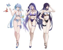  3girls acheron_(honkai:_star_rail) adapted_costume alternate_costume arm_strap arm_under_breasts bare_legs bare_shoulders bikini bird black_bikini black_choker black_swan_(honkai:_star_rail) blue_footwear blue_hair blush bracelet breasts choker cleavage closed_mouth collarbone commentary_request criss-cross_halter criss-cross_straps full_body green_eyes groin hair_between_eyes hair_ornament halterneck hand_up head_wings higashiwun_izumi high_heels highres honkai:_star_rail honkai_(series) jewelry large_breasts long_hair looking_at_viewer multiple_girls navel origami_bird_(honkai:_star_rail) purple_bikini purple_eyes purple_footwear purple_hair purple_veil robin_(honkai:_star_rail) sandals side-tie_bikini_bottom simple_background smile stomach swimsuit thigh_strap thighs toeless_footwear very_long_hair white_background white_bikini wings yellow_eyes 