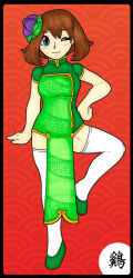  5_fingers accessory asian_clothing big_breasts black_border blue_eyes blush border breasts brown_hair chinese_clothing chinese_new_year chinese_text clothed clothing dress east_asian_clothing eyelashes female fingers flower flower_in_hair footwear front_view green_clothing green_dress hair hair_accessory hand_on_hip holidays human ivanks leggings legwear looking_at_viewer mammal may_(pokemon) medium_hair nintendo on_one_leg one_eye_closed plant pokemon pose pupils red_background shoes simple_background smile solo standing text thick_thighs white_body white_clothing white_leggings white_legwear white_skin 