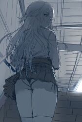  ass backlighting commentary cowboy_shot english_commentary female greyscale half-closed_eyes hews highres long_hair looking_at_viewer looking_back monochrome naughty_face panties school_uniform seiren_academy_school_uniform side-tie_panties solo stairs suou_yuki thighhighs tokidoki_bosotto_roshia-go_de_dereru_tonari_no_alya-san train_station_platform underwear unfinished 