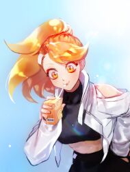  ashi_(kdany1224) black_shirt commentary cookie_run crop_top day drinking drinking_straw female hand_on_own_hip highres jacket juice juice_box leaning_forward long_hair long_sleeves looking_at_viewer orange_cookie orange_eyes orange_hair orange_juice outdoors shirt solo standing white_jacket 