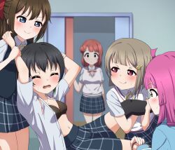  5girls :q ahoge black_bra blunt_bangs blush bra brown_hair buson_(buson0629) closed_eyes collared_shirt dress_shirt hair_bun hair_ornament highres indoors licking_lips long_hair love_live! love_live!_nijigasaki_high_school_idol_club medium_hair multiple_girls nakasu_kasumi navel neck_ribbon nijigasaki_school_uniform open_clothes open_mouth open_shirt osaka_shizuku pink_hair plaid_clothes plaid_skirt ribbon school_uniform shirt short_hair short_sleeves single_side_bun skirt smile sweater_vest takasaki_yu tennoji_rina tongue tongue_out twintails uehara_ayumu underwear walk-in white_shirt yellow_eyes 