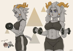  2024 abs anthro antlers athletic_wear blue_eyes bodily_fluids bottomwear bovid bra breasts caprine clothing collarbone dialogue dumbbell exercise eyebrows female foxero fur goat grey_body grey_fur grey_hair gym_bottomwear gym_shorts hair horn hybrid jackalope lagomorph mammal midriff muscular navel pseudoregalia shorts solo sports_bra sweat sybil_(pseudoregalia) underwear weightlifting weights workout 