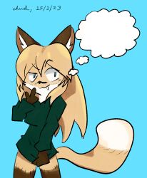  alpha_channel anthro averi_(fiddleafox) blue_eyes brown_body brown_fur canid canine clothing covering covering_crotch dipstick_tail female female_anthro fox fur gloves_(marking) hair leg_markings mammal markings socks_(marking) solo tail tail_markings thought_bubble unknown_artist white_body white_fur 