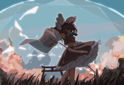  bow brown_hair closed_eyes crop_top detached_sleeves female frilled_bow frilled_skirt frills grass hairbow hakurei_reimu highres long_hair long_sleeves midriff navel outdoors red_bow red_skirt red_vest skirt solo torii touhou touhou_lost_branch_of_legend tuck_(tuck23978434) vest wide_sleeves 