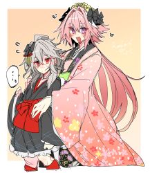  ... 2boys antenna_hair astolfo_(fate) astolfo_(the_princess&#039;_pilgrimage)_(fate) black_bow black_kimono black_pants black_vest blush bow dress_shirt fate/apocrypha fate/grand_order fate_(series) floral_print floral_print_kimono flower flying_sweatdrops grey_hair hair_between_eyes hair_down hair_intakes hairbow haori haoro head_wreath heart hug japanese_clothes kimono long_hair looking_at_viewer male_focus medium_hair multicolored_hair multiple_boys obi obijime oerba_yun_fang official_alternate_costume open_mouth otoko_no_ko pants pink_hair pink_kimono purple_eyes red_eyes red_sash sash sash_bow shirt sieg_(fate) signature skin_fang spoken_ellipsis streaked_hair two-tone_hair v very_long_hair vest white_hair white_shirt wide_sleeves yellow_flower 