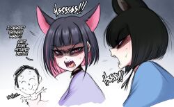  2girls angry angry_face black_hair blue_archive bob_cut cat_ears catgirl dialogue english_text fangs female funny hi_res kazusa_(blue_archive) kikyou_(blue_archive) medium_hair open_mouth pink_eyes pink_hair saltyxodium slit_pupils two_tone_hair 