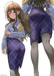  absurdres ahoge ass black_pantyhose blue_skirt blue_sweater blush brown_hair commentary_request commission female highres huge_ahoge idolmaster idolmaster_shiny_colors kneepits kuwayama_chiyuki light_smile long_hair long_sleeves looking_at_viewer multiple_views pantyhose patterned_clothing pixiv_commission shawl simple_background skirt sweater takatsuki_p twitter_username very_long_hair white_background yellow_shawl 