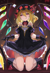  :q adapted_costume alternate_color bare_shoulders bat_wings black_collar black_dress black_gloves black_hat blonde_hair bow bowtie breasts bright_pupils clothes_lift collar commentary crystal detached_collar dress falken_(yutozin) female flandre_scarlet frilled_dress frills full_body gloves hair_between_eyes hat hat_bow highres kneeling knees_together_feet_apart legs lifting_own_clothes light_particles long_hair looking_at_viewer medium_hair mob_cap one_side_up puffy_short_sleeves puffy_sleeves rainbow_order red_bow red_bowtie red_eyes red_footwear revision short_sleeves side_ponytail skirt skirt_lift small_breasts solo tongue tongue_out touhou wings 