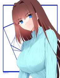  aozaki_aoko blue_eyes blue_sweater breasts brown_hair closed_mouth commentary female hair_intakes highres large_breasts long_hair long_sleeves looking_at_viewer mahou_tsukai_no_yoru ribbed_sweater smile solo sukiniyaru sweater turtleneck turtleneck_sweater twitter_username very_long_hair 