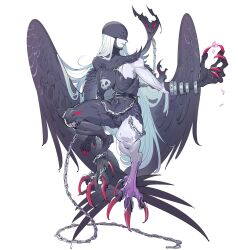  alternate_design angewomon black_bodysuit black_mask black_wings bodysuit breasts bug butterfly chains colored_skin demon_girl digimon digimon_(creature) feathered_wings female full_body grey_hair grey_skin harpy highres ladydevimon large_breasts monster_girl simple_background solo talons torn_bodysuit torn_clothes white_background wings zocehuy 