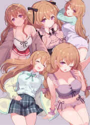  absurdres arms_up bikini braid breasts brown_hair cleavage commentary_request crawling cream_(nipakupa) female frilled_bikini frills happy highres jirai_kei konoe_kanata long_hair looking_at_viewer love_live! love_live!_nijigasaki_high_school_idol_club midriff multiple_views navel nijigasaki_school_uniform one_eye_closed pajamas purple_background purple_bikini purple_eyes red_skirt school_uniform shirt skirt sleeping sleepy smile spaghetti_strap swimsuit thighs twin_braids twintails white_shirt 