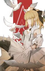  artoria_pendragon_(fate) bare_shoulders bird black_bow black_pantyhose blonde_hair bow breasts dress fate/grand_order fate_(series) female gloves green_eyes hairbow holding holding_sword holding_weapon looking_at_viewer multicolored_hair pantyhose saber_lily short_dress short_hair small_breasts smile sword weapon white_gloves yisjhui 