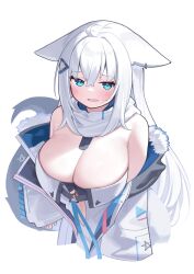  absurdres alternate_breast_size alternate_hairstyle animal_ears blue_eyes breasts cleavage commentary deaver female fox_ears fox_girl fox_tail highres hololive jacket large_breasts long_hair looking_at_viewer pentagram shirakami_fubuki simple_background solo tail virtual_youtuber white_background white_hair white_jacket 