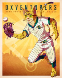  2024 4_toes 5_fingers accessory anthro artist_name ball barefoot baseball_(ball) baseball_(sport) baseball_glove baseball_uniform belt belt_buckle bent_arm bent_legs border bottomwear brown_claws brown_spots buckle button_(fastener) cheek_tuft city cityscape clawed_fingers claws clothing colored dated digital_drawing_(artwork) digital_media_(artwork) dipstick_tail dungeons_and_dragons english_text facial_tuft fangs feet felid feline fingers fur furgonomics green_eyes green_sclera hair hasbro hi_res jewelry long_tail male mammal markings multicolored_body multicolored_fur multicolored_tail open_mouth open_smile oxventure pants pattern_bottomwear pattern_clothing pattern_pants pattern_shirt pattern_topwear pink_inner_ear pink_nose pink_tongue purple_tail_tip randomthunk ring rust_on_the_harbour shaded shirt short_hair simple_background smile solo sport sportswear spots spotted_body spotted_fur spotted_markings spotted_tail striped_bottomwear striped_clothing striped_pants striped_shirt striped_topwear stripes tabaxi tail tail_accessory tail_jewelry tail_markings tail_ring teeth text toe_claws toes tongue topwear tuft uniform whiskers white_border white_bottomwear white_clothing white_pants white_shirt white_topwear wizards_of_the_coast yellow_background yellow_body yellow_fur 