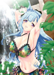  absurdres animal_ears armpits bikini bikini_skirt blue_hair blush braid breasts cleavage commentary_request cowboy_shot crown_braid day female highres horse_ears horse_girl horse_tail kazakoshi_nonta large_breasts light_blue_hair long_hair mejiro_ardan_(umamusume) multicolored_bikini multicolored_clothes multicolored_skirt navel outdoors parted_lips plant purple_eyes skirt solo stomach swimsuit tail umamusume very_long_hair water waterfall wet 