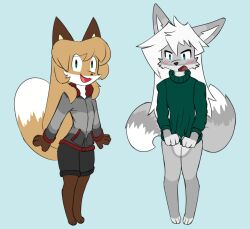  aigsaft anthro averi_(fiddleafox) brown_body brown_fur canid canine canis clothing covering covering_crotch dipstick_tail duo embarrassed female female_anthro fox fur gloves_(marking) green_eyes hair leg_markings looking_at_viewer looking_down mammal markings simple_background socks_(marking) standing tagme tail tail_markings unknown_character white_body white_fur wolf 