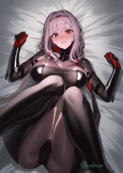  black_gloves blush bodysuit breasts commentary_request cuboon feet_out_of_frame female gloves goddess_of_victory:_nikke large_breasts long_hair lying merchandise_available official_alternate_costume parted_lips purple_hair red_eyes scarlet_(black_shadow)_(nikke) scarlet_(nikke) solo thighs twitter_username 