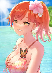  beach bikini blue_sky breasts bug butterfly cross-laced_bikini cross-laced_clothes day female flower genmai_monster grin hair_flower hair_ornament haruluna hibiscus highres island kirishima_haru large_breasts long_hair looking_at_viewer mole mole_under_eye ocean orange_bikini orange_hair outdoors print_bikini side_ponytail sky smile solo strap_gap sun sun_in_eye swimsuit symbol_in_eye white_flower yellow_eyes 