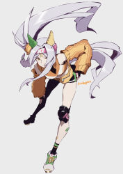  animal_ears bandaid bare_shoulders belt belt_bag blush breasts commentary_request detached_sleeves ear_covers ear_ornament female fingerless_gloves full_body gloves grey_hair hair_ornament hand_on_own_hip headband horse_ears horse_girl horse_tail knee_pads long_hair long_sleeves looking_at_viewer midriff shoes side_ponytail simple_background smile sonon_elfie_(umamusume) stomach tail tenkey2022 twitter_username umamusume very_long_hair white_background yellow_eyes 