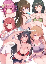  6+girls absurdres bikini black_hair blue_bikini blue_eyes bow braid breasts brown_hair cleavage comiket_104 commentary_request cream_(nipakupa) flower food food_in_mouth frilled_bikini frills green_bikini grey_eyes hair_bun hair_flower hair_ornament hairbow hairclip hands_on_own_chest highres holding holding_food holding_popsicle konoe_kanata large_breasts leaning_forward looking_at_viewer love_live! love_live!_nijigasaki_high_school_idol_club medium_breasts mifune_shioriko multiple_girls navel one_eye_closed orange_hair osaka_shizuku pink_hair ponytail popsicle popsicle_in_mouth purple_bikini purple_eyes red_bikini red_eyes salute single_braid single_side_bun sleepy small_breasts smile strap_slip swimsuit tennoji_rina uehara_ayumu white_background white_bikini yellow_eyes yuki_setsuna_(love_live!) 