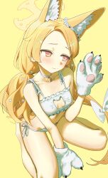  absurdres alternate_costume animal_ear_fluff animal_ears animal_hands bare_shoulders blonde_hair blue_archive blush breasts cat_cutout cat_lingerie cleavage_cutout closed_mouth clothing_cutout embarrassed extra_ears female fox_ears fox_girl gloves halo hand_up highres looking_to_the_side low_twintails meme_attire multicolored_eyes orange_eyes panties paw_gloves seia_(blue_archive) side-tie_panties simple_background sitting small_breasts solo syhan twintails underwear wariza wavy_mouth white_panties yellow_background yellow_halo yellow_theme 