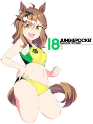  ahoge animal_ears breasts brown_hair buruma character_name commentary_request cropped_legs female horse_ears horse_girl horse_tail jungle_pocket_(umamusume) long_hair medium_breasts midriff multicolored_hair multicolored_sports_bra notched_ear numbered open_mouth shigino_sohuzi simple_background smile solo sports_bikini sports_bra streaked_hair tail teeth umamusume upper_teeth_only white_background white_hair yellow_buruma yellow_eyes yellow_sports_bra 