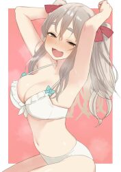  alternate_hairstyle armpits arms_up bikini blush bow breasts brown_eyes cleavage commentary_request female grey_hair hair_between_eyes hair_ribbon half-closed_eyes kantai_collection large_breasts long_hair looking_at_viewer open_mouth pola_(kancolle) red_ribbon ribbon sakieko simple_background solo swimsuit two-tone_background two_side_up white_bikini 