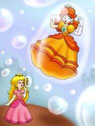  2022 blonde_hair blowing_bubbles blue_eyes brown_hair bubble clothing crown digital_media_(artwork) dress duo female female/female gloves hair handwear headgear hi_res human inventor_(artist) mammal mario mario_bros nintendo open_mouth princess_daisy princess_peach simple_background soap trapped 