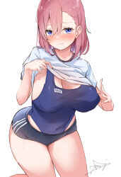  2.5_jigen_no_ririsa amano_ririsa blue_buruma blush breasts buruma closed_mouth clothes_lift commentary_request covered_navel covered_nipples female gym_uniform hair_between_eyes highres huge_breasts lifting_own_clothes looking_at_viewer medium_hair no_eyewear pink_hair purple_eyes school_swimsuit shirt shirt_lift short_sleeves signature simple_background solo sweat swimsuit swimsuit_under_clothes thighs white_background white_shirt xlyami 