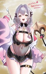  black_shirt black_skirt blush braid breasts cleavage commentary_request covered_navel cowboy_shot crop_top demon_tail female grey_hair hair_intakes highres holding indie_virtual_youtuber jacket large_breasts long_hair long_sleeves looking_at_viewer low_twin_braids microskirt mimikaki navel open_clothes open_jacket open_mouth orange_eyes pink_jacket pointy_ears ryokuoushoku_hitode see-through see-through_shirt shirt skirt sleeveless sleeveless_shirt smile solo suou_patra tail thigh_strap translation_request twin_braids very_long_hair 