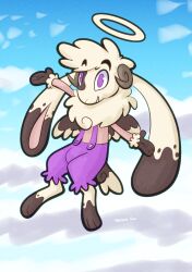  angel antlers bovid_horn caprine_horn cherub clothing curled_horn eyebrows feathered_wings feathers halo hi_res horn jackalope lagomorph mammal oatnom overalls purple_eyes ram_horn trevor-fox wings 